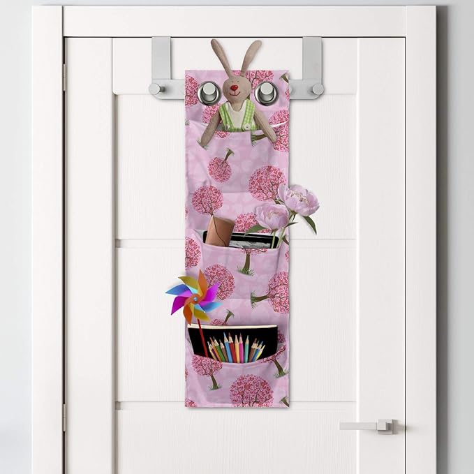 Ambesonne Valentine's Day Hanging Pocket Organizer, Continuous Pattern of Mini Hearts Romantic Tree Abstract Design, Printed Polyester Storage Bag with Pockets, 9" x 27", Pink and Pastel Pink