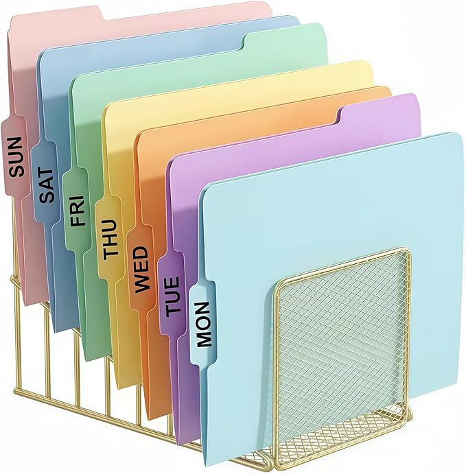 Simmer Stone 2 pcs Incline File Sorter, 7 Slot Magazine Holder for Letter, Document, Folder and Book, Metal Desktop Organizer Rack for Home, School and Office (2-gold)
