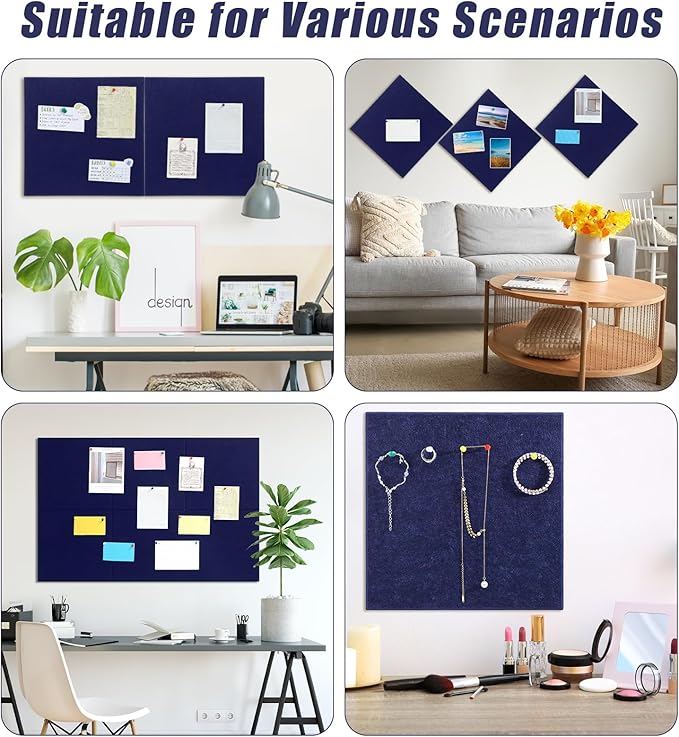 Large Cork Board 36" x 24", 6 Pack Felt Bulletin Board with 30 Pushpins, Cork Boards Alternative with Self-Adhesive Strips, Felt Wall Tiles Pin Boards for Walls Office Home School Decor-Dark Blue