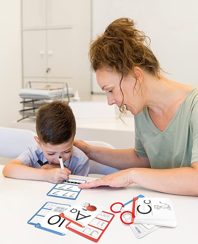Gamenote Dry Erase Alphabet and Number Flash Cards - Write and Wipe Laminated ABC Letter Tracing Practice Card for Kindergarten (47 Flashcards with 2 Rings and Marker)