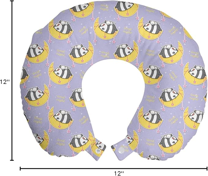 Ambesonne Saying Travel Pillow Neck Rest, Lazy Cat and Panda Sleeping on The Moon with Stars, Memory Foam Traveling Accessory for Airplane and Car, 12", Mustard Purple