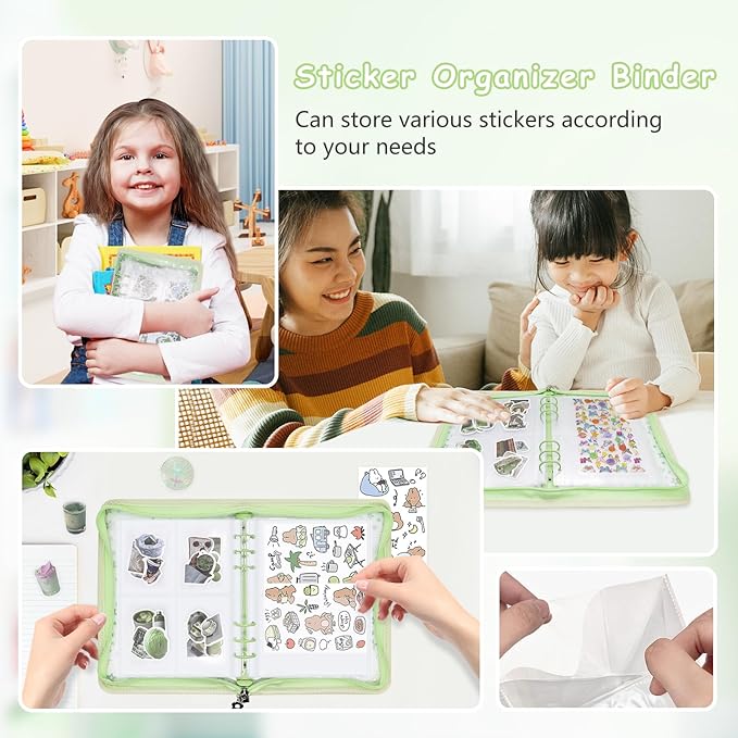 Sticker Organizer Binder - Reusable Sticker Collecting Book Storage Album Holder with Pocket Pages A5 Zipper Cover Collection Container (Green)
