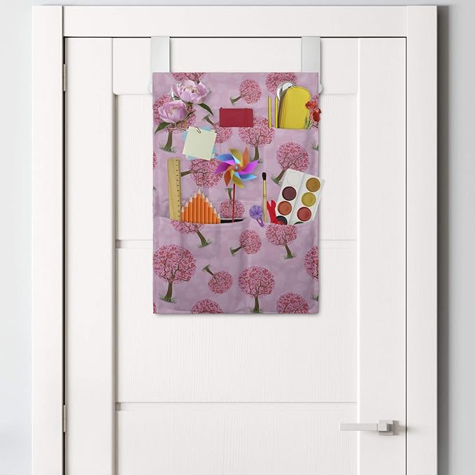 Ambesonne Valentine's Day Hanging Pocket Organizer, Continuous Pattern of Mini Hearts Romantic Tree Abstract Design, Printed Polyester Storage Bag with Pockets, 14" x 20", Pink and Pastel Pink