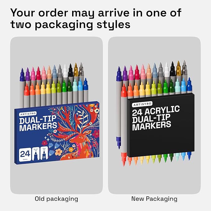 ARTISTRO 24 Acrylic Paint Markers - Paint Pens for Calligraphy, Brush + Fine Tips - For Fabric, Rock, Glass, Wood, DIY, Craft, Canvas - Art and Craft Supplies for Adults, Teens, Kids