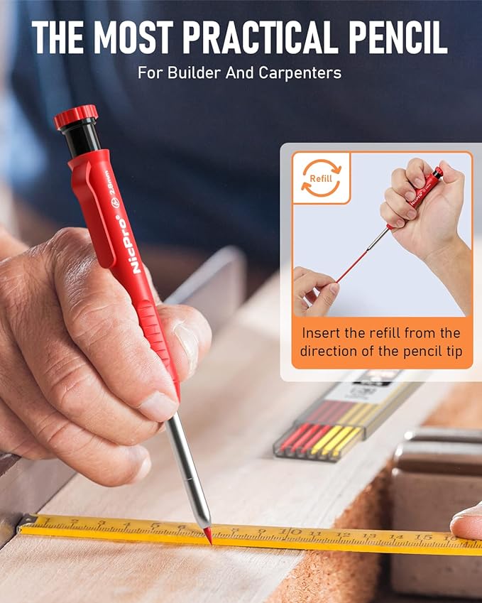 Nicpro 6 Pack CP1000 Carpenter Pencils with Sharpener, Mechanical Pencil Set with 66 Refills, Deep Hole Long Nib Marker Pens, Heavy Duty Woodworking Tools Construction Pencil for Architect Marking
