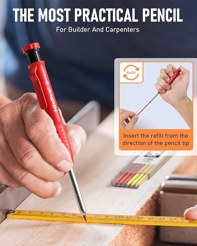 Nicpro 2 Pack CP1000 Carpenter Pencil with Sharpener, Mechanical Carpenter Pencils with 26 Refills, Deep Hole Long Nib Marker Pens for Construction, Heavy Duty Woodworking Pencil for Architect Marking