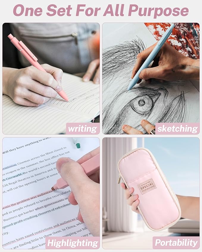 40PCS Aesthetic School Supplies with Cute Pen Case, 12 Color Pastel Highlighters, 5 Black Ink Gel Pens, 6 Mechanical Pencil 0.5 & 0.7 mm, Back To School Supplies for Student Stationary