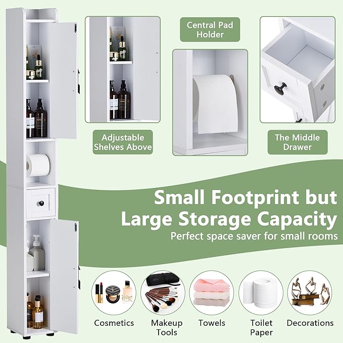 VECELO Narrow Bathroom Storage Cabinet with Adjustable Shelves, 67" Tall Freestanding Cabinet with Toilet Paper Holder, Slim Tower Cabinet with Two Magnetic Doors & Drawer, for Small Spaces, White