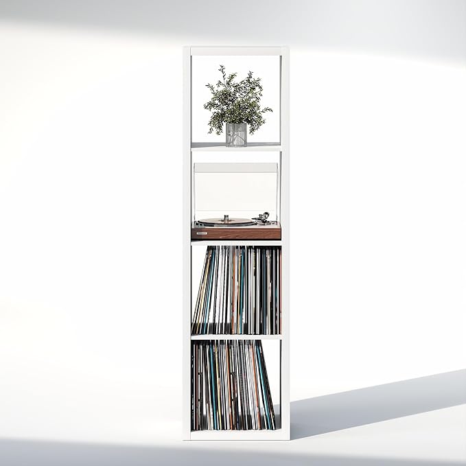 Furinno Cubicle Record Player Stand with Vinyl Storage, 4-Cube 1.2 Extra Thick Vinyl Record Storage, Open Back Media Shelf for CD DVD Blueray Game Disc, for Living Room, Home Office, White