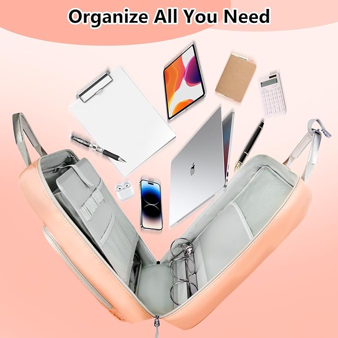 3 Ring Zipper Binder Bag 2 Inch with Shoulder Strap, Waterproof Nylon Binder with Zipper for 500 Sheet Capacity, Multi-Pocket Portfolio Organizer Case for 13 Inch Laptop Middle School (Peach)