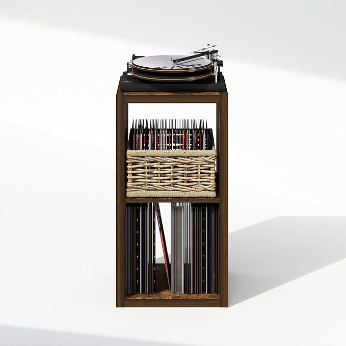Furinno Cubicle Record Player Stand with Vinyl Storage, 2-Cube 1.2 Extra Thick Vinyl Record Storage, Open Back Media Shelf for CD DVD Blueray Game Disc, for Living Room, Home Office, Amber Pine