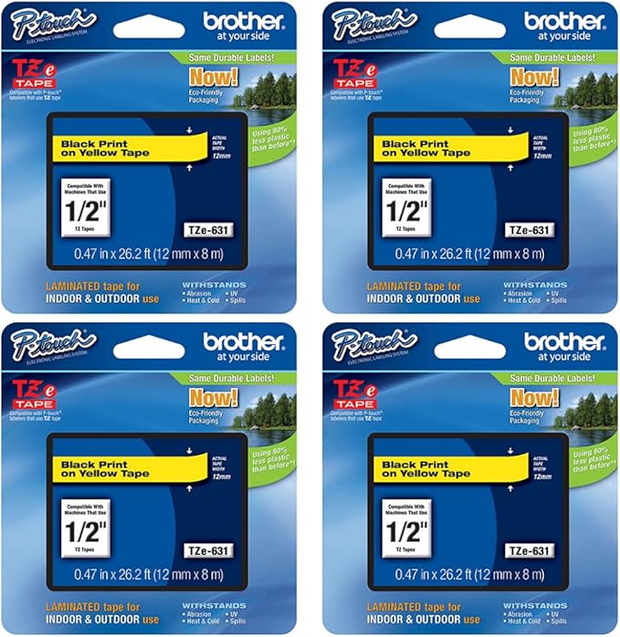 Brother Genuine P-Touch 4-Pack TZe-631 Laminated Tape, Black Print on Yellow Standard Adhesive Laminated Tape for P-Touch Label Makers, Each Roll is 0.47"/12mm (1/2") Wide, 26.2 ft. (8M) Long