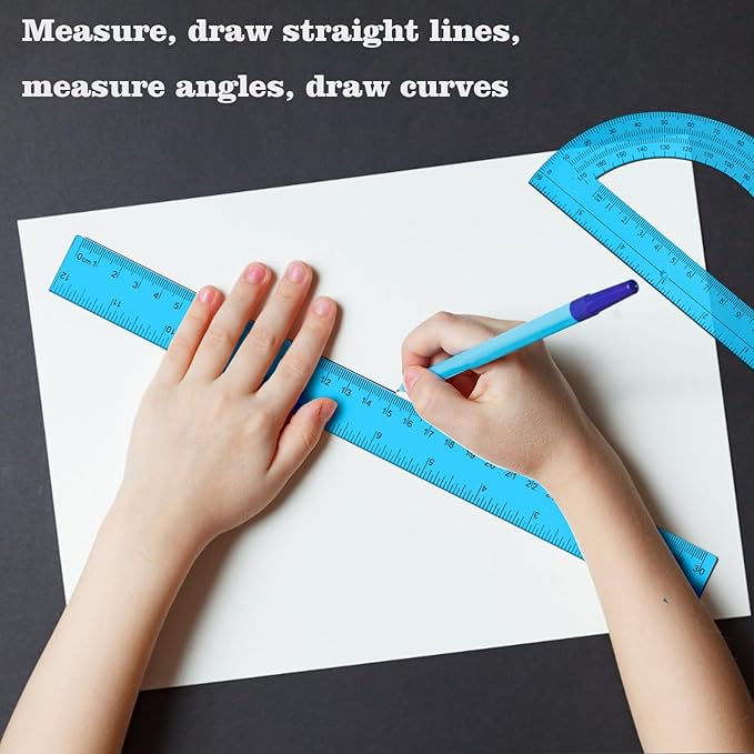 2 Packs 12 Inch Plastic Ruler and 6 Inch Plastic Protractor Set Clear Math Geometry Set Classroom Set Angle Detector School Supplies Classroom Ruler Home Office Drawings (Blue)