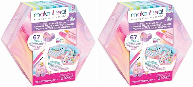 Make It Real: Creative Heart Art Set - 68pc Supplies Kit, Hexagon Stacked Trays Studio, Watercolors-Color Pencils-Markers-Stickers, Tween-Girl-Kids 6+ (Pack of 2)