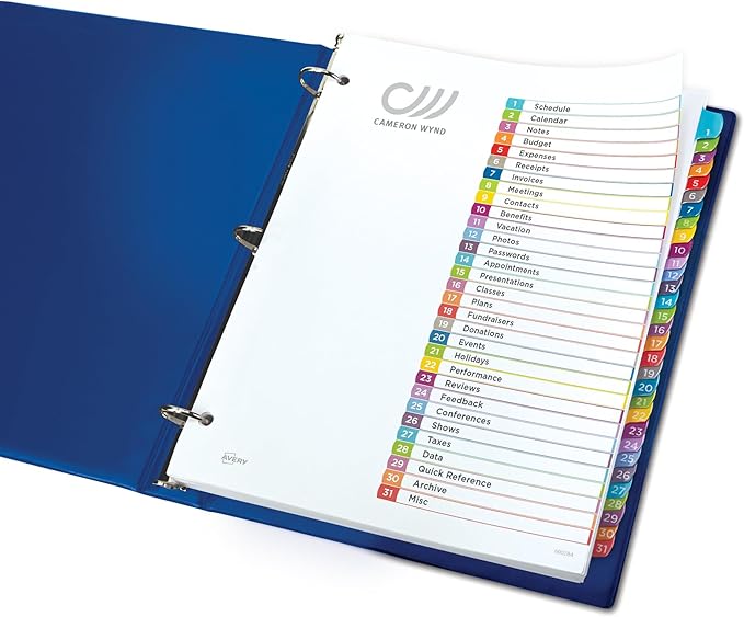 Avery 1-31 Dividers for 3 Ring Binders, 31 Tabs per Set, Customizable Table of Contents, Multicolor Arched Tabs, Great for Organizing Reports, Projects, and More (11846)