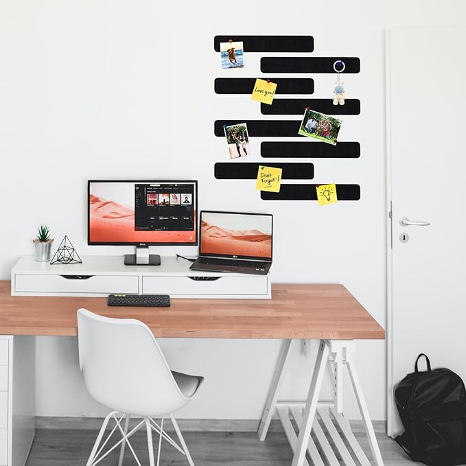 8Pcs Rectangle Felt Cork Board Bar Strips with 35 Pushpins, Self-Adhesive Bulletin Board Strips for Office School Home Wall Decor Stickers Memos Schedules Photos Display -Black
