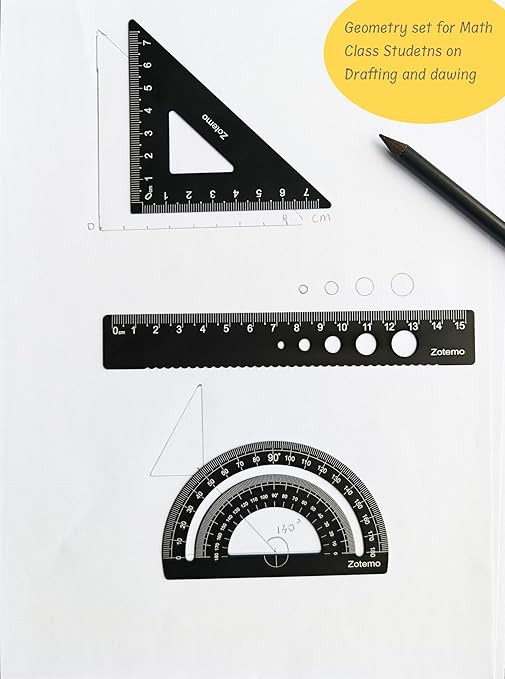 Metal Geometry Set, 5-Piece Aluminum Ruler, Math Drafting Ruler Kit Includes Protractor, Triangle Rulers, Straight Rulers-Math Measurement Tools for School and Office Supplies (Black)