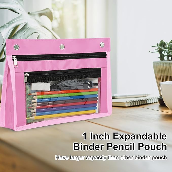 YoeeJob 6 Pack 1 Inch Expandable Zipper Pencil Pouches with Clear Window for 3 Ring Binder, Suitable for School & Office(Pink)