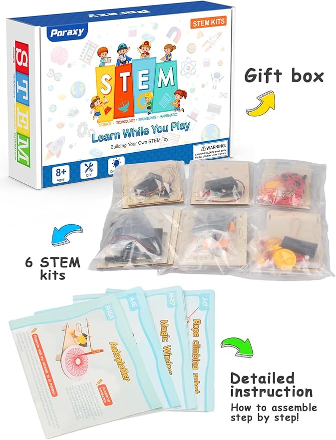 Poraxy 6 in 1 STEM Toys for Kids Ages 8-12, STEM Kits, 3D Wooden Puzzles, Educational Science Projects Building Model Kits, Birthday Gifts for Boys and Girls Ages 7 8 9 10 11 12 13 Years Old