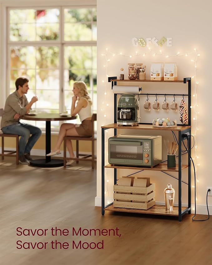 VASAGLE Kitchen Bakers Rack with Power Outlet, Coffee Bar 4-Tier with 8 S Hooks, Microwave Stand, Adjustable Shelf, 15.7 x 31.5 x 55.1 Inches, Rustic Brown and Ink Black UKKS029KD01