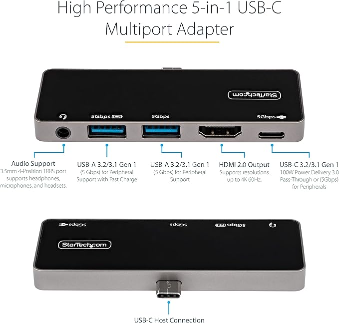 USB C Multiport Adapter - USB-C to 4K 60Hz HDMI 2.0, 100W Power Delivery Pass-Through Charging, 3-Port USB 3.0 Hub, Audio - USB-C Mini Dock - Portable USB Type-C Travel Dock