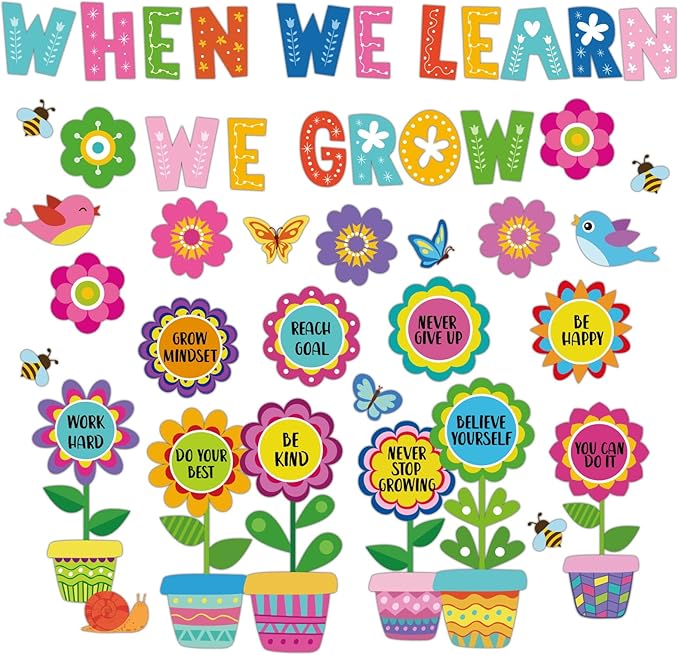 82Pcs Spring Themed Flower Growth Mindset Bulletin Board Set Classroom Decorations When We Learn We Grow Floral Cutouts Positive Sayings Colorful Flower Cutouts for Kids School Offices Supplies