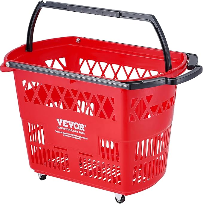 VEVOR 6 PCS Shopping Baskets, 39L Large Plastic Rolling Shopping Basket with Wheels, Shopping Carts with Handles, Portable Shopping Basket Set for Supermarkets, Grocery Shopping, Retail Stores, Red