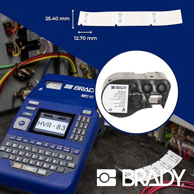 Brady Authentic (M4-91-427) Self-Laminating Vinyl Wrap Around Labels 1.5" H x 1" W Black on White, Clear, 180 Labels. for use with The BMP41, BMP51, and M511 Label Printers