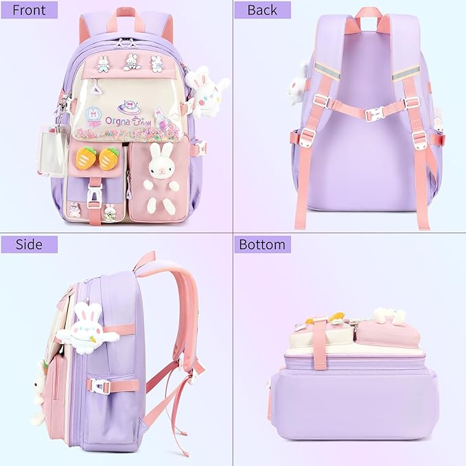 Backpack for Girls Cute Bookbag Set with Lunch Box Pencil Case Kawaii Bunny School Backpacks for Girl 3 Pcs Kindergarten Elementary Preschool Middle Sequin School Bag for Girls