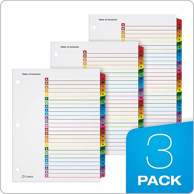 Cardinal Binder Dividers,A-Z Tabs,Customizable Table of Contents Page,Reversible Multicolor Tabs,3-Hole Punched for Binders,3 Count (Pack of 8)