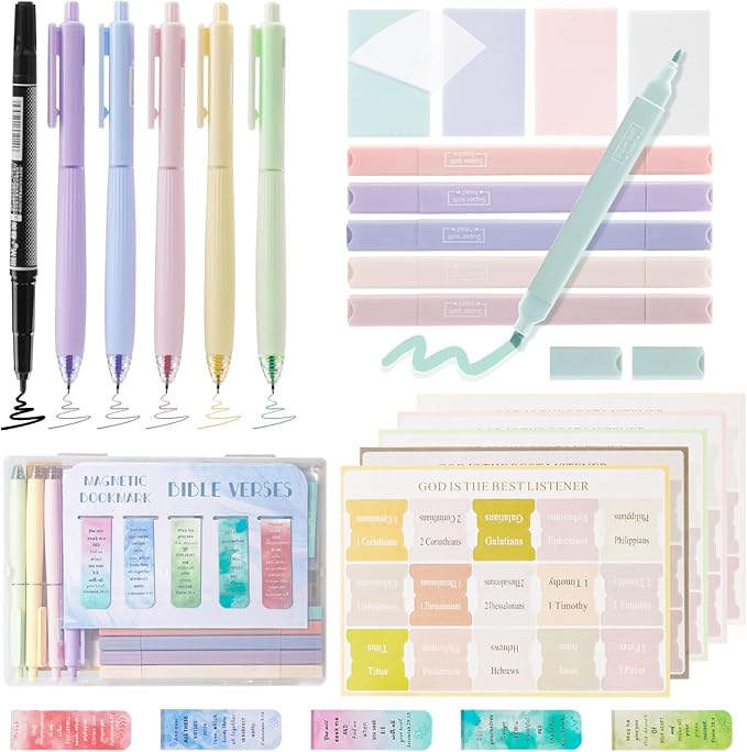 Bible Study Supplies, Journaling Kit Accessories with No Bleed Bible Highlighters, Permanent Markers, Colored Gel Pens, Index Tabs, Magnetic Bookmarks, Sticky Notes, Christian Gifts for Women