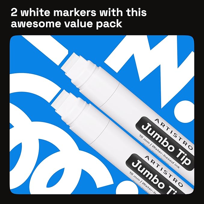 ARTISTRO 2 White Acrylic Paint Markers - 15mm Jumbo-Tip Paint Pens - Perfect for Crafting, Art Projects, & More