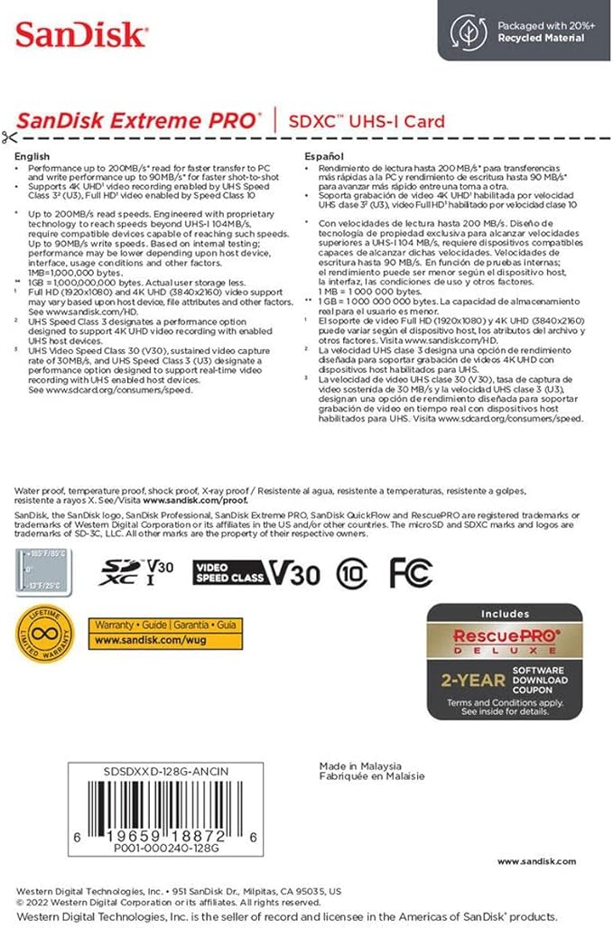 SanDisk Extreme PRO 128GB UHS-I U3 SDXC Memory Card