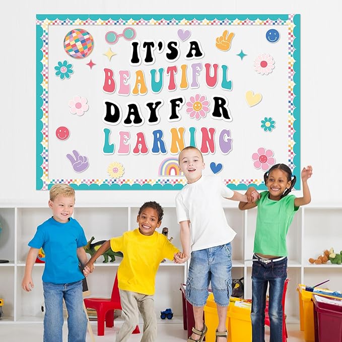 Hippie Boho Classroom Bulletin Board Decorations Groovy Retro Back to School Bulletin Set It's a Beautiful Day for Learning Classroom Decoration Colorful Cutout for Teacher Kindergarten Preschool Wall