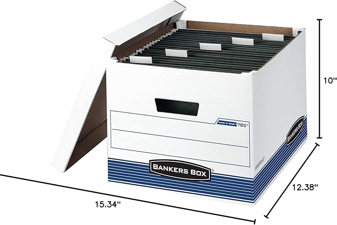 Bankers Box 4 Pack HANG'N'STOR Medium-Duty File Storage Boxes, FastFold, Lift-Off Lid, Letter/Legal, White/Blue