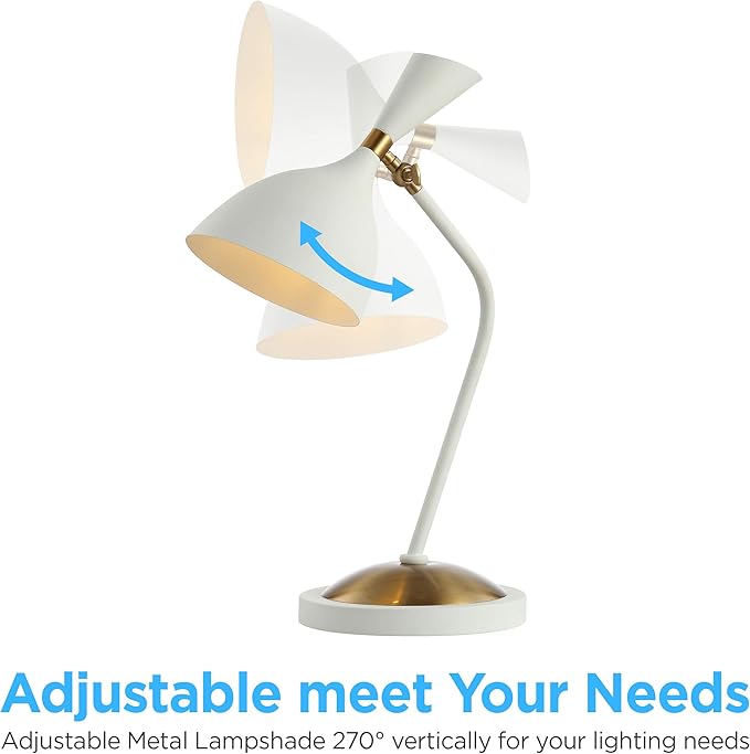 JONATHAN Y 21.5" White/Brass Gold Retro Mid-Century LED Table Lamp for Home Office, Adjustable Task Light with Black Iron Shade, Bedside Nightstand Lamp, LED Bulb Included (JYL9065B)