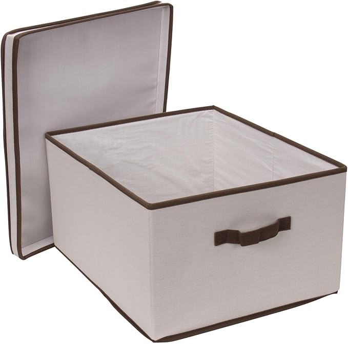 Household Essentials 515 Storage Box with Lid and Handle- Natural Beige Canvas with Brown Trim- Jumbo