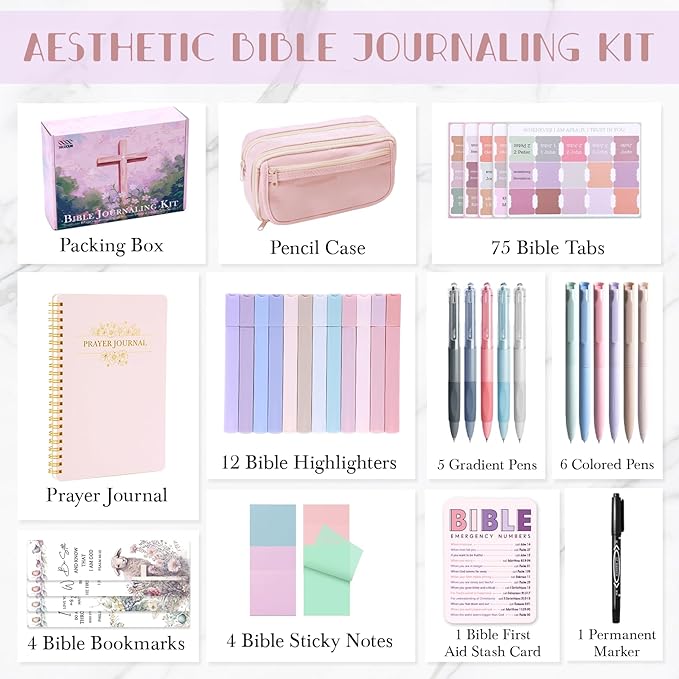 XKDOUS Bible Study Supplies Journaling Kit for Women, Bible Study Kit, 12 Pastel Highlighters and 12 Pens No Bleed, 75 Laminated Tabs, Prayer Journal Pencil Case and More, Pink