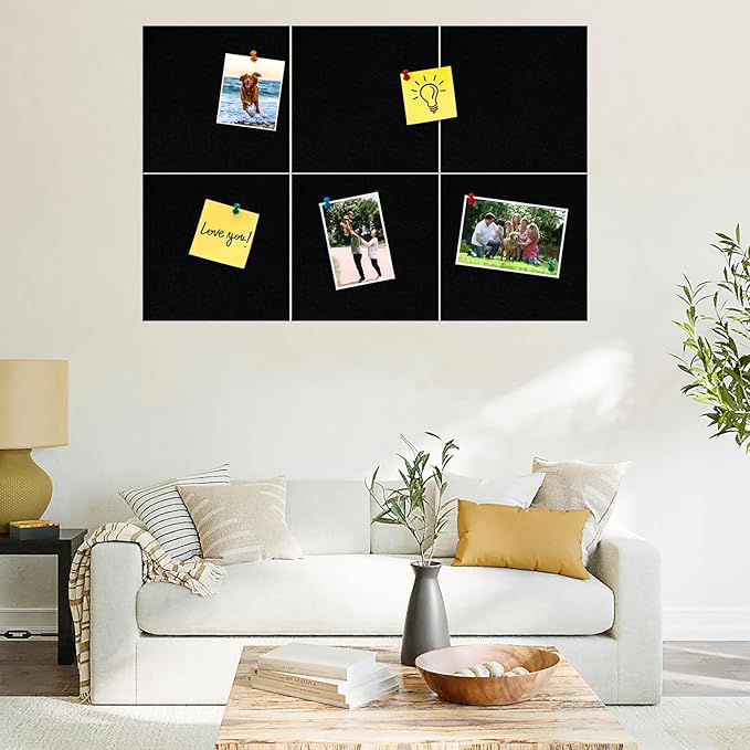 Square Felt Cork Bulletin Board Tiles, Self Adhesive DIY Felt Pin Board for Wall 30" x 20" with 35 Pushpins for Office School Home Wall Decor Stickers Memos Photos Display (Black)