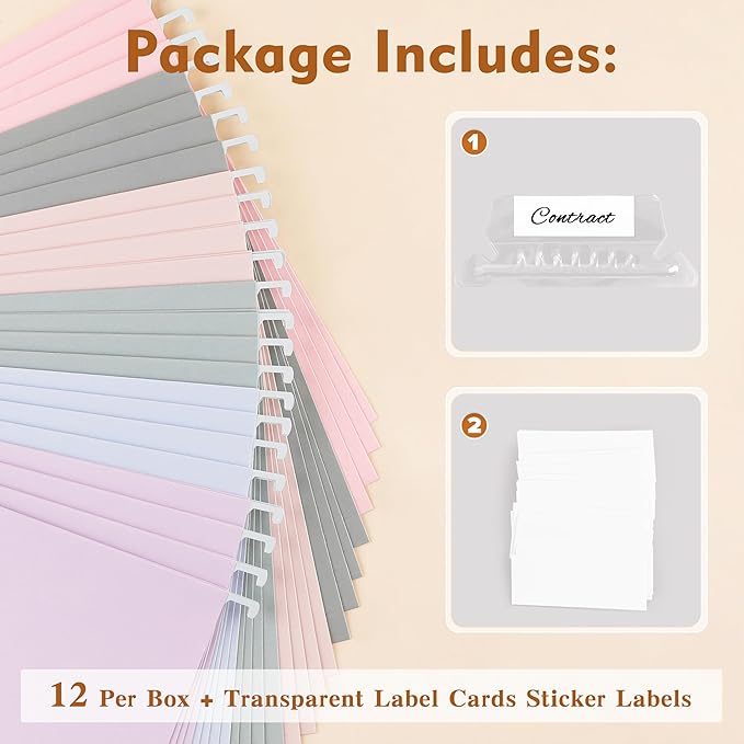 Zzrywuty Hanging File Folders Letter Size, 12-Pack Hanging File Folder with 1/5-Cut Tabs, Pastel File Folders Hanging Organizers for Filing Cabinet, Bulky Files & Medical Charts