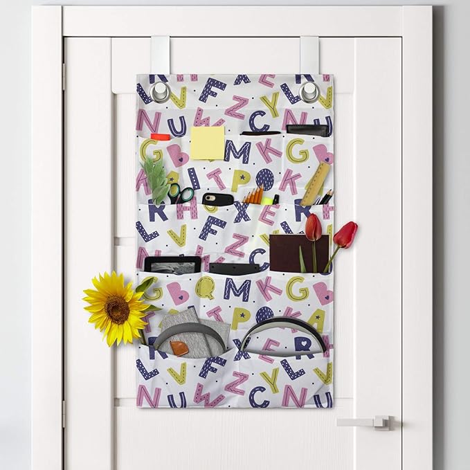 Ambesonne Alphabet Hanging Pocket Organizer, Geometric with Hearts Stars and Mini Polka Dots, Printed Polyester Storage Bag with Pockets, 21" x 31", Yellow Green Pastel Pink