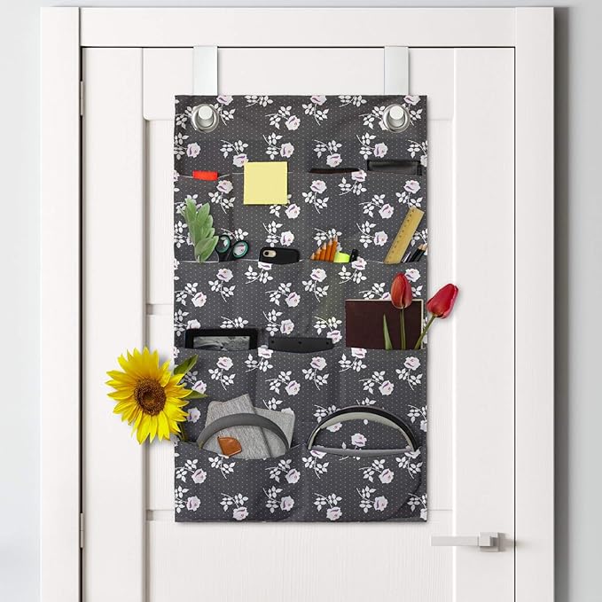 Ambesonne Floral Hanging Pocket Organizer, Flower Silhouettes on a Background of Mini Polka Dots, Printed Polyester Storage Bag with Pockets, 21" x 31", Dark Taupe Grey Fuchsia