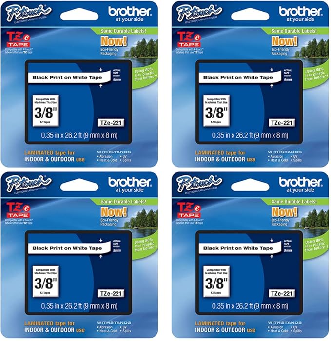 Brother Genuine P-Touch 4-Pack TZe-221 Laminated Tape, Black Print on White Standard Adhesive Laminated Tape for P-Touch Label Makers, Each Roll is 0.35"/9mm (Approx 3/8") Wide, 26.2 (8M) Long
