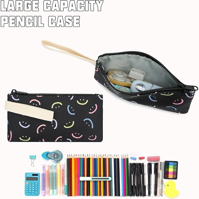 School Backpack for Girls, 3PCS Bookbags Set with Lunch Box Pencil Pouch Elementary Middle School Bag Laptop Back Packs (Smile Black)