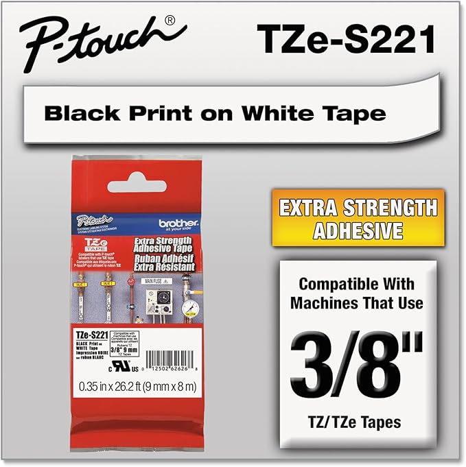 Brother P-Touch TZES221 TZe Extra-Strength Adhesive Laminated Labeling Tape, 3/8-Inch w, Black on White
