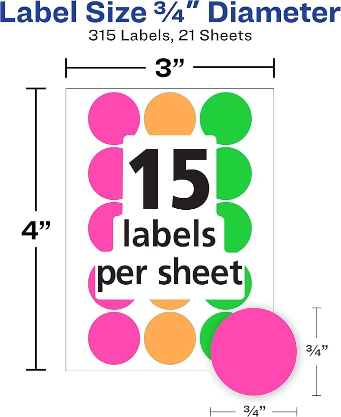 Avery Color-Coding Removable Labels, 3/4 Inch Round Labels, Assorted Neon Colors, Non-Printable, 315 Dot Stickers Total (6733)