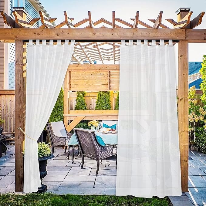 NICETOWN 2 Panels Indoor Outdoor Waterproof Patio Curtains, Sticky Tab Top Soft Voile Sheer Vertical Indoor Outdoor Drapes Easy Hanging for Porch/Cabana, Ivory, W54 x L96