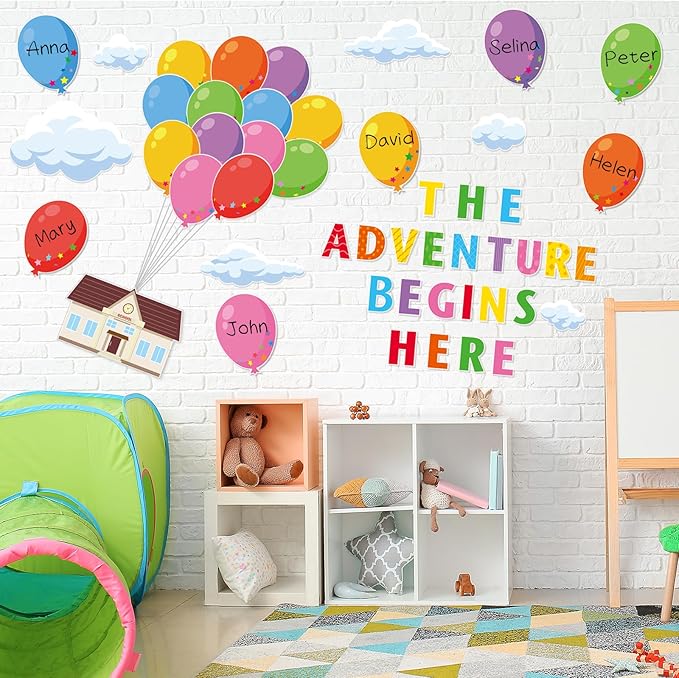 Colorful Balloon Bulletin Board Set for Classroom Mix Adventure Cloud Balloon Themed Cutouts for Back to School Supplies Name Tags Decorations for Wall Decors