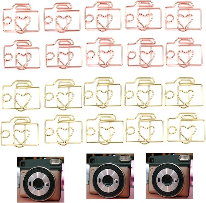Cool Decorative Paper Clips-20-Piece Metal Camera-Shaped Paperclips Set in Fun and Functional Office Supplies with Rose Gold and Gold Finish
