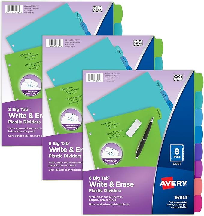 Avery Write & Erase 8 Tabs Pastel Plastic Divider for 3 Ring Binders, 3 Sets (8 Colors)